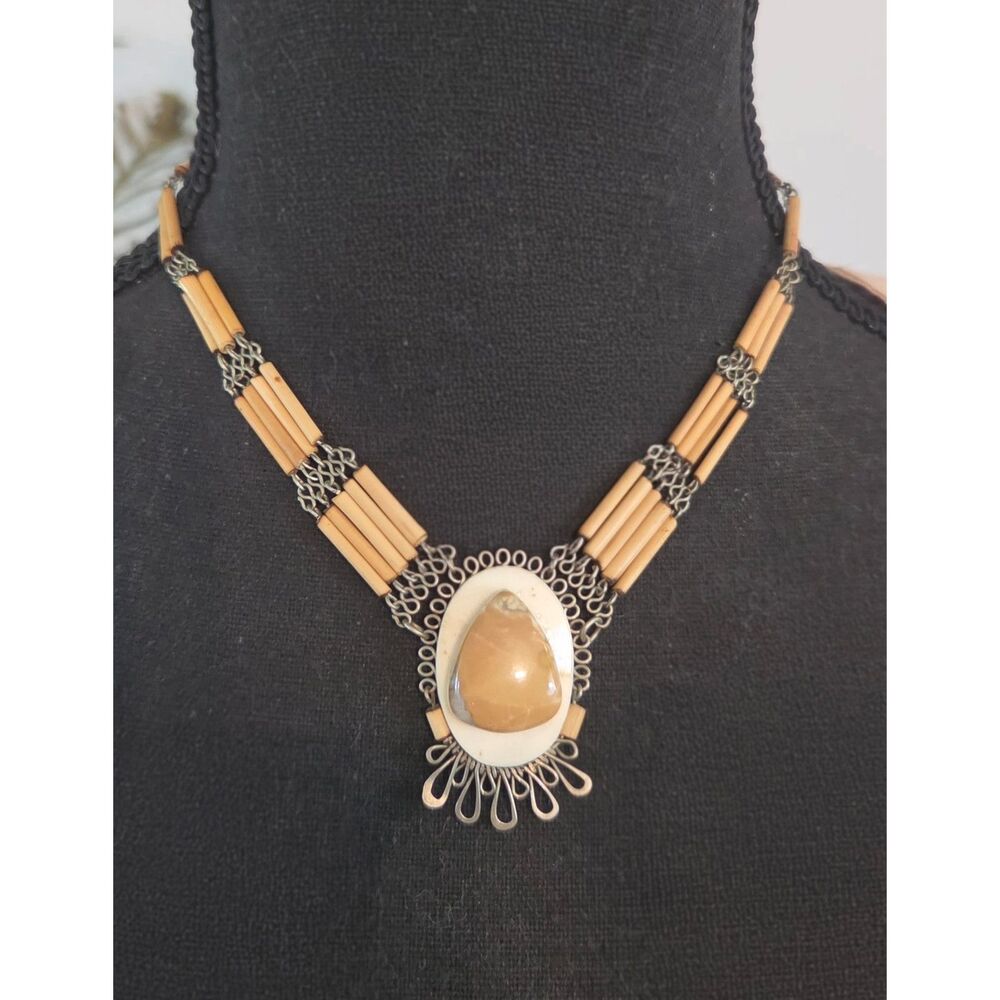 Vintage Banded Agate, Bamboo & Mixed Metal Statement Necklace